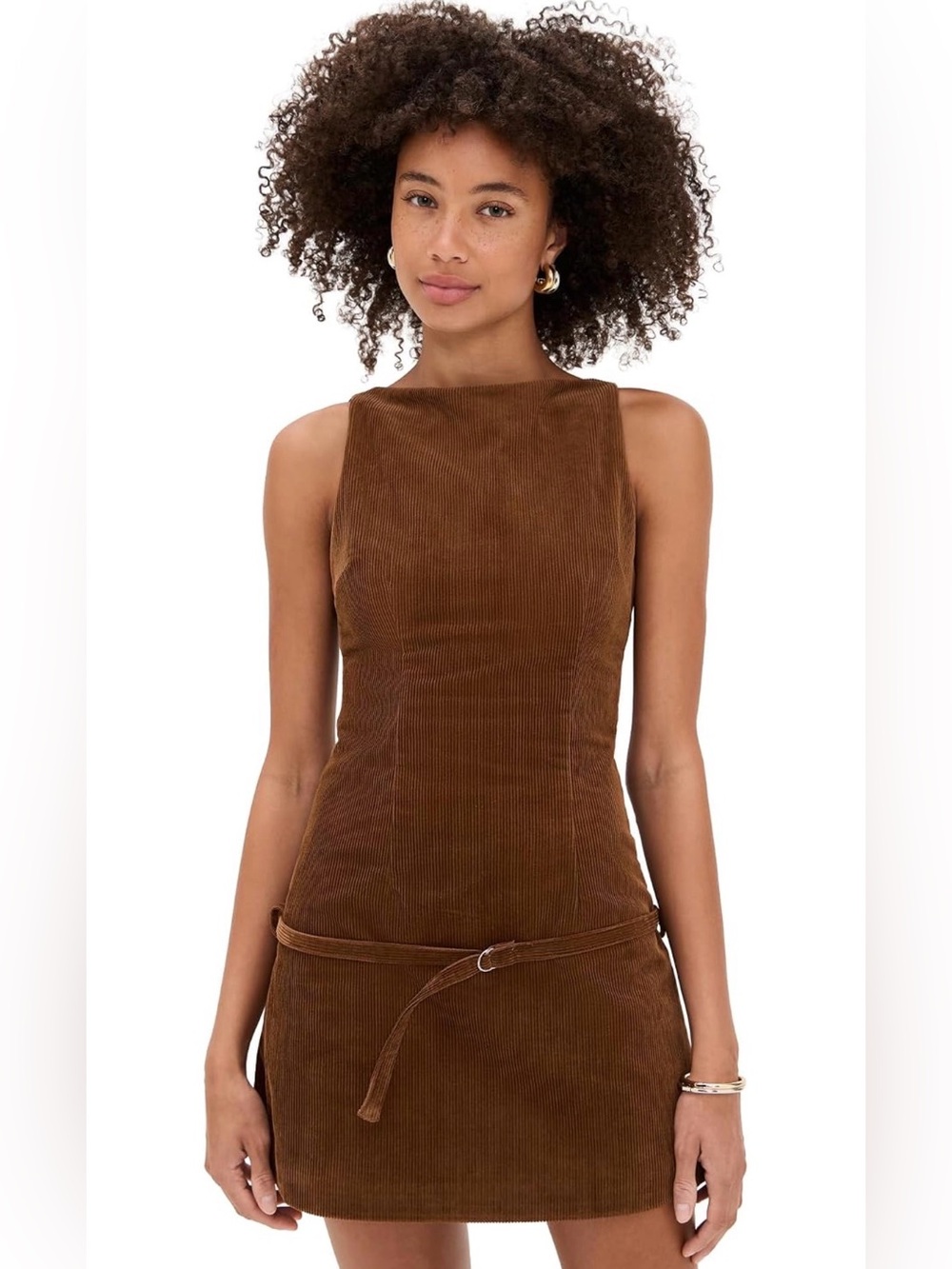 Lioness Brown Corduroy Sleeveless Mini Dress with Slim Belt